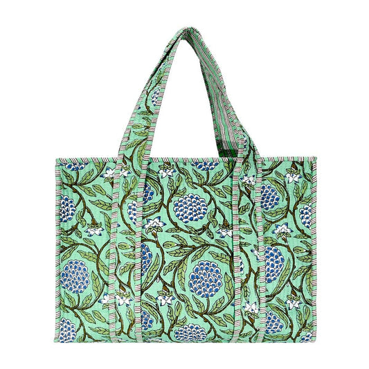Cotton Block Print Tote Bag- Green