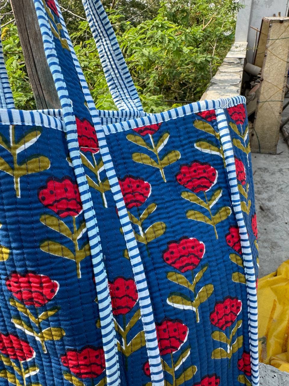 Blue Cotton Bag Women Shopping Bag Quilted Tote Bag Printed