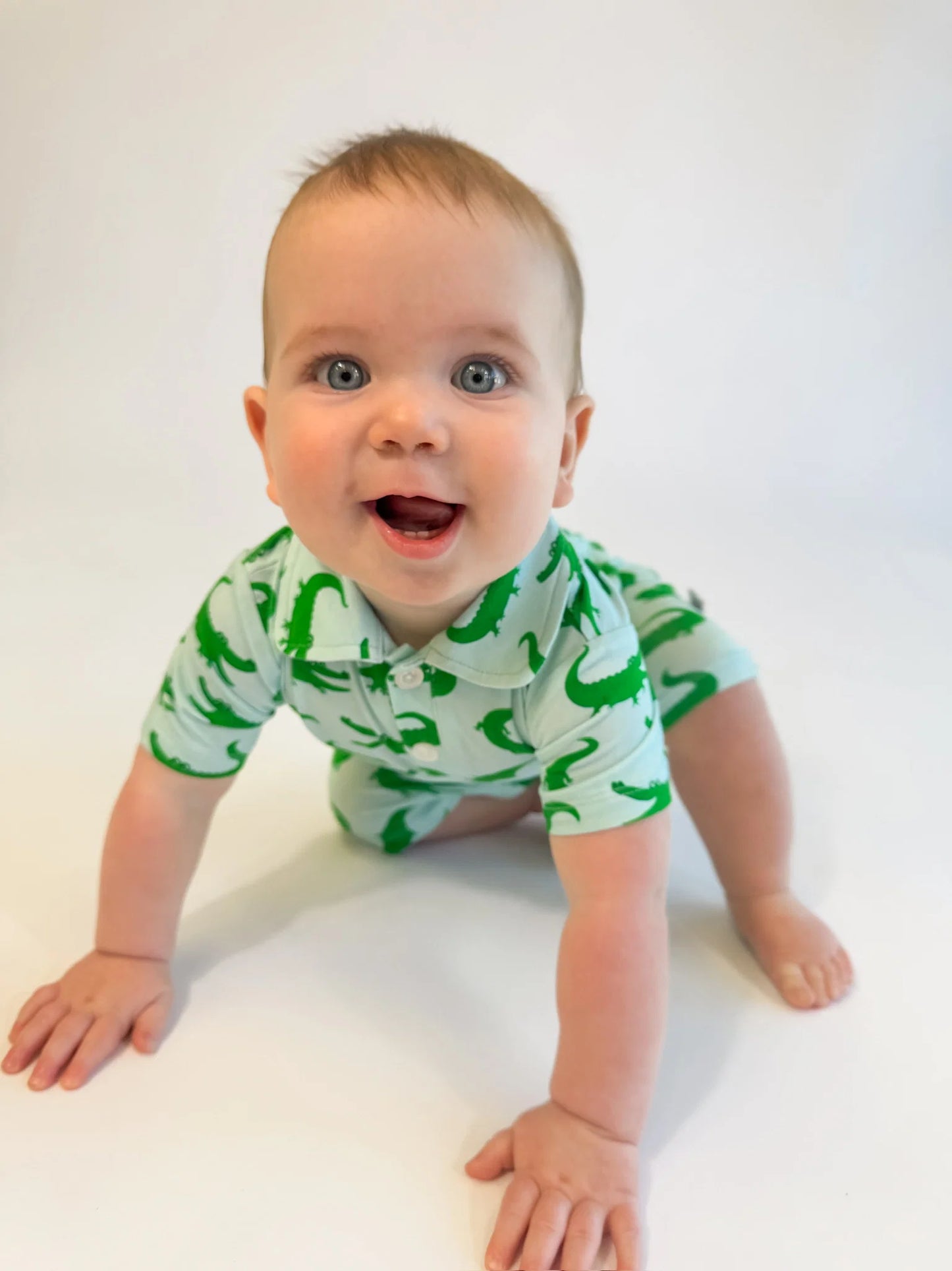 SS Polo Romper - Blue Alligators
