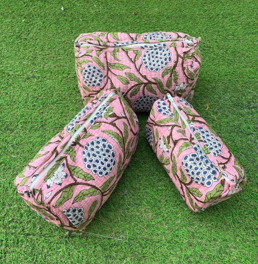 Salmon Printed Large Cosmetic Bag Indian Cotton Quilted Bags