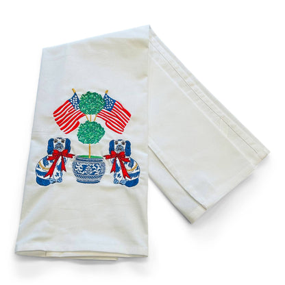 Towel -Patriotic Staffordshire Dogs - Topiary - Flags on whi
