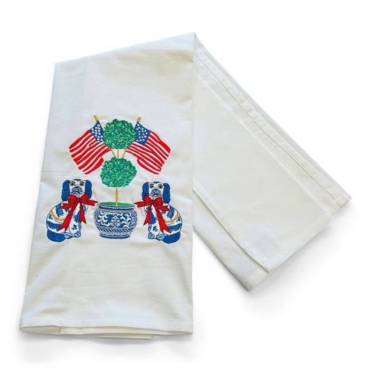 Towel -Patriotic Staffordshire Dogs - Topiary - Flags on whi