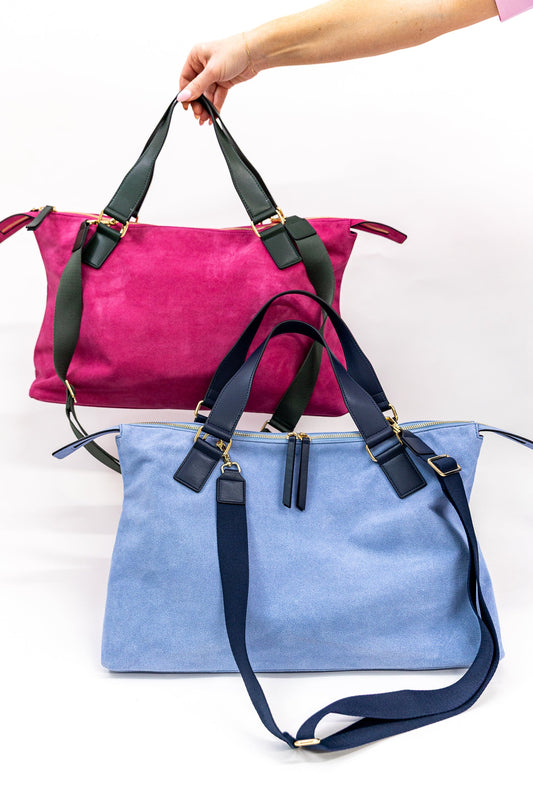 Suede Carryall Bag Bright Pink/Olive Green- Bam Bird Boutique
