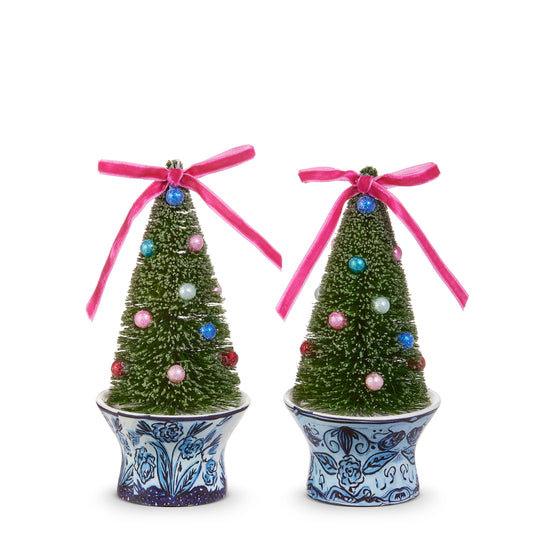 6” Bottle Brush Trees in Chinoiserie Pot Ornament - Raz Imports