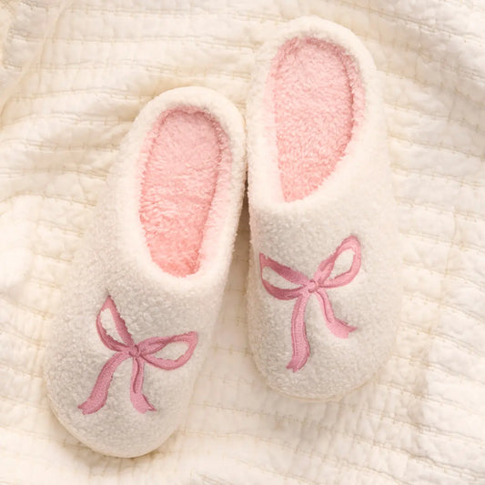 Fuzzy Pink Bow Slippers