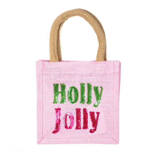 Holly Jolly Sequin Petite Gift Tote Light Pink/Green