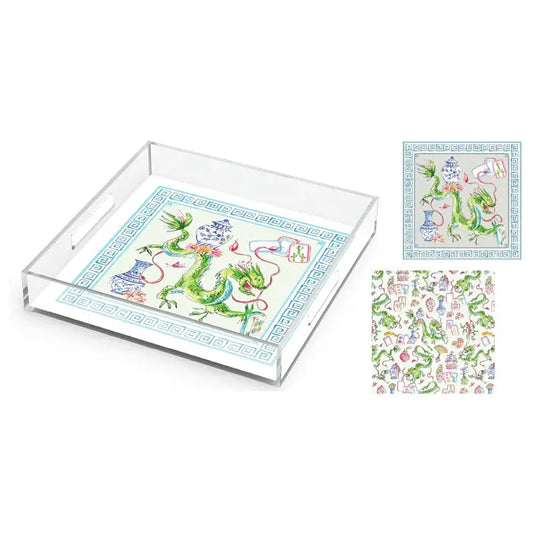 Acrylic Tray- 12x12-Handpainted Dragon Blue Chinoiserie Pots and Mahjong Icon Pattern (Copy)