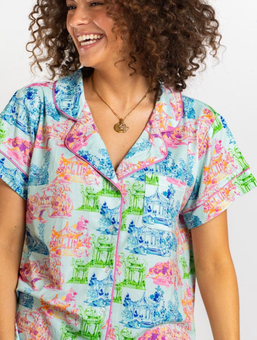 Maya Short Sleeve Button Up Sleep Shirt- Royal Standard