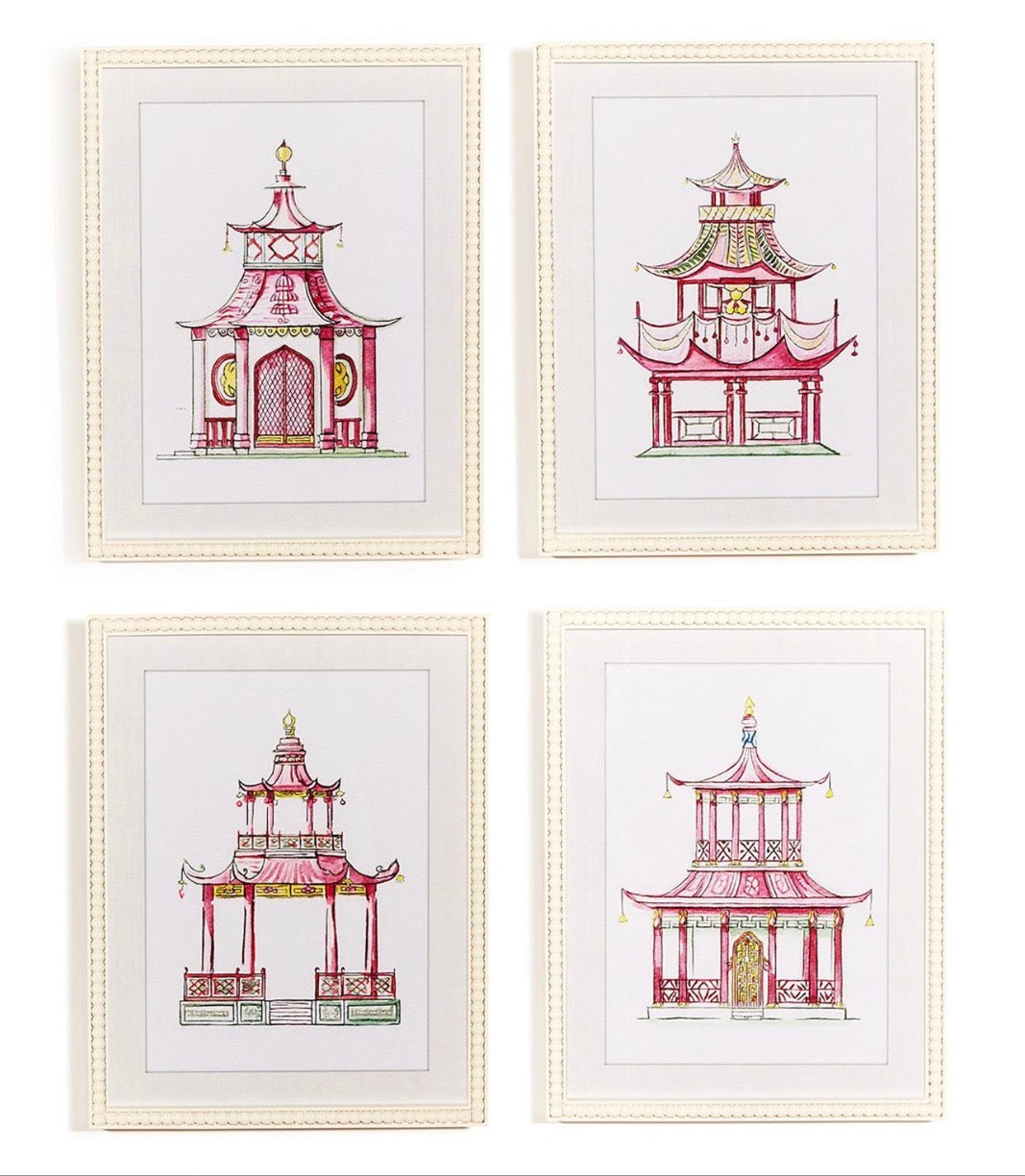 Pink Pagoda White Beaded Framed Wall Art Prints