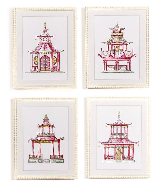 Pink Pagoda White Beaded Framed Wall Art Prints