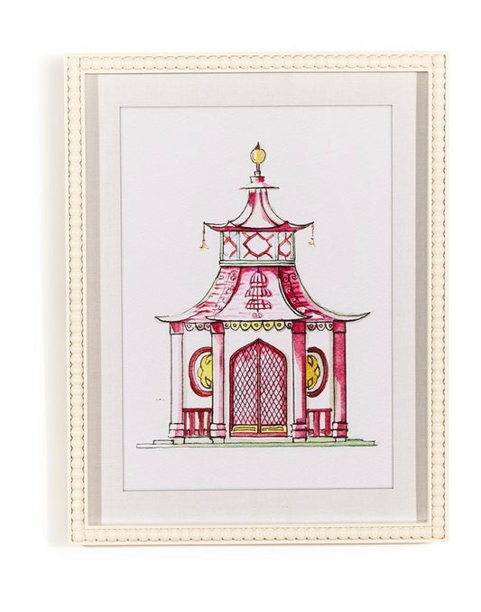 Pink Pagoda White Beaded Framed Wall Art Prints