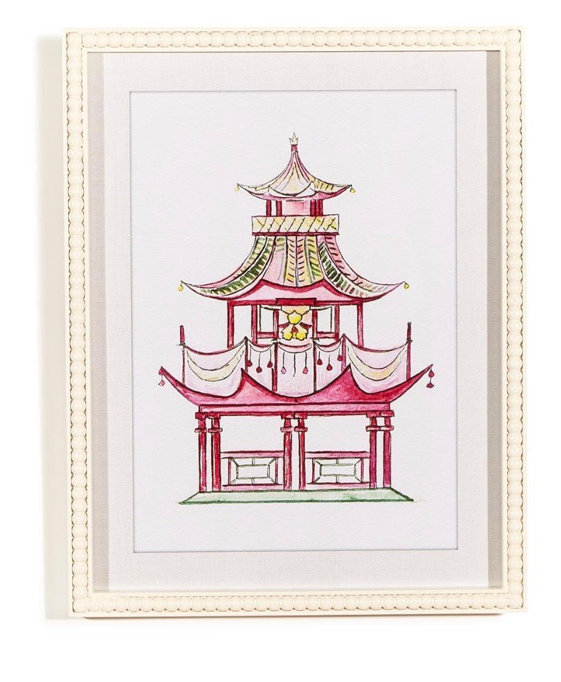 Pink Pagoda White Beaded Framed Wall Art Prints