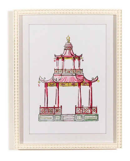 Pink Pagoda White Beaded Framed Wall Art Prints