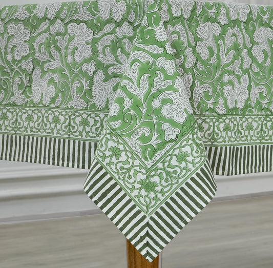 Sage Green and White Hand Block Print Tablecloth