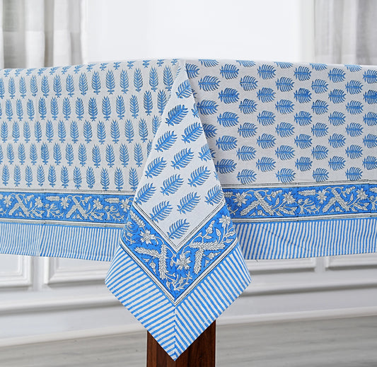 Cerulean Blue Leaf Hand Block Printed Tablecloth