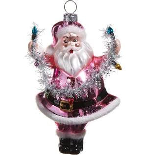 Pink Santa Holding Lights Ornament