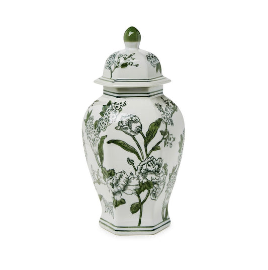 14 in. Primrose and Lotus Green and White Chinoiserie Hexagonal  Temple Jar