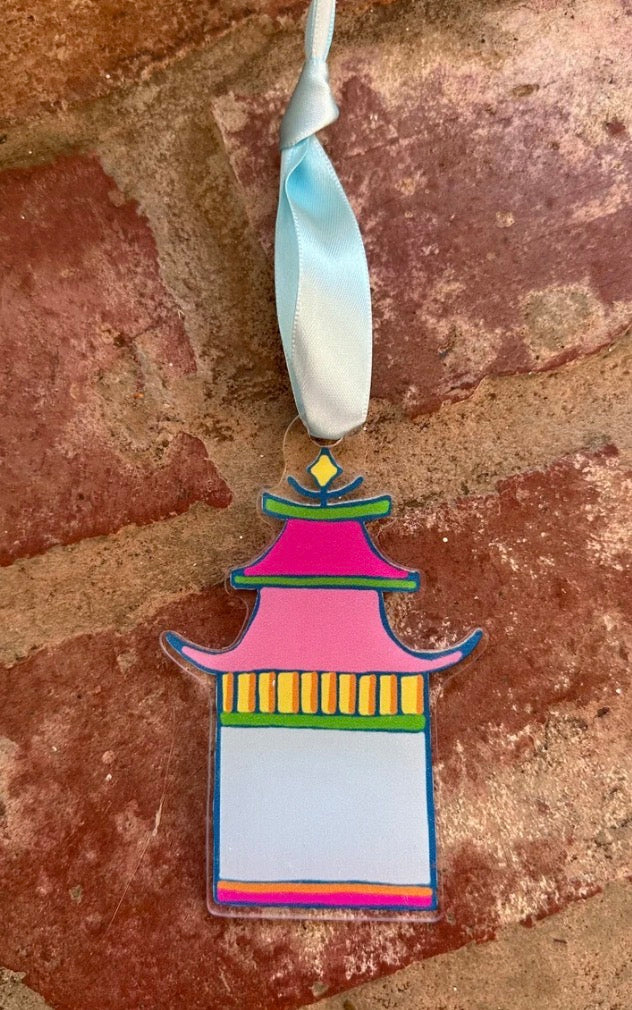 Pink & Light Blue Pagoda House Acrylic Ornament