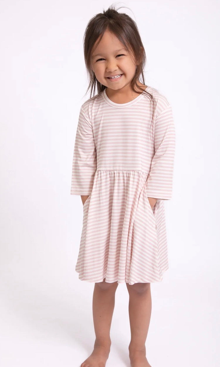 3/4 Sleeve Dress - Pink Stripes