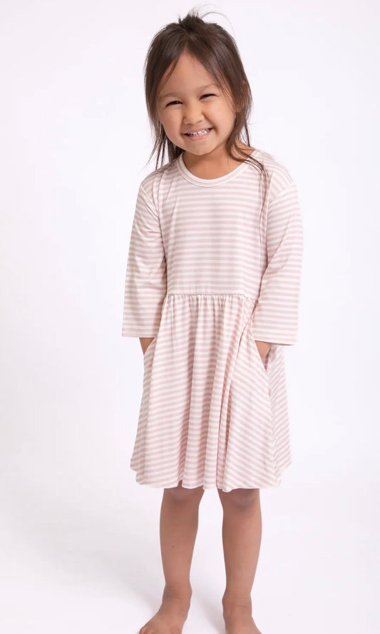 3/4 Sleeve Dress - Pink Stripes