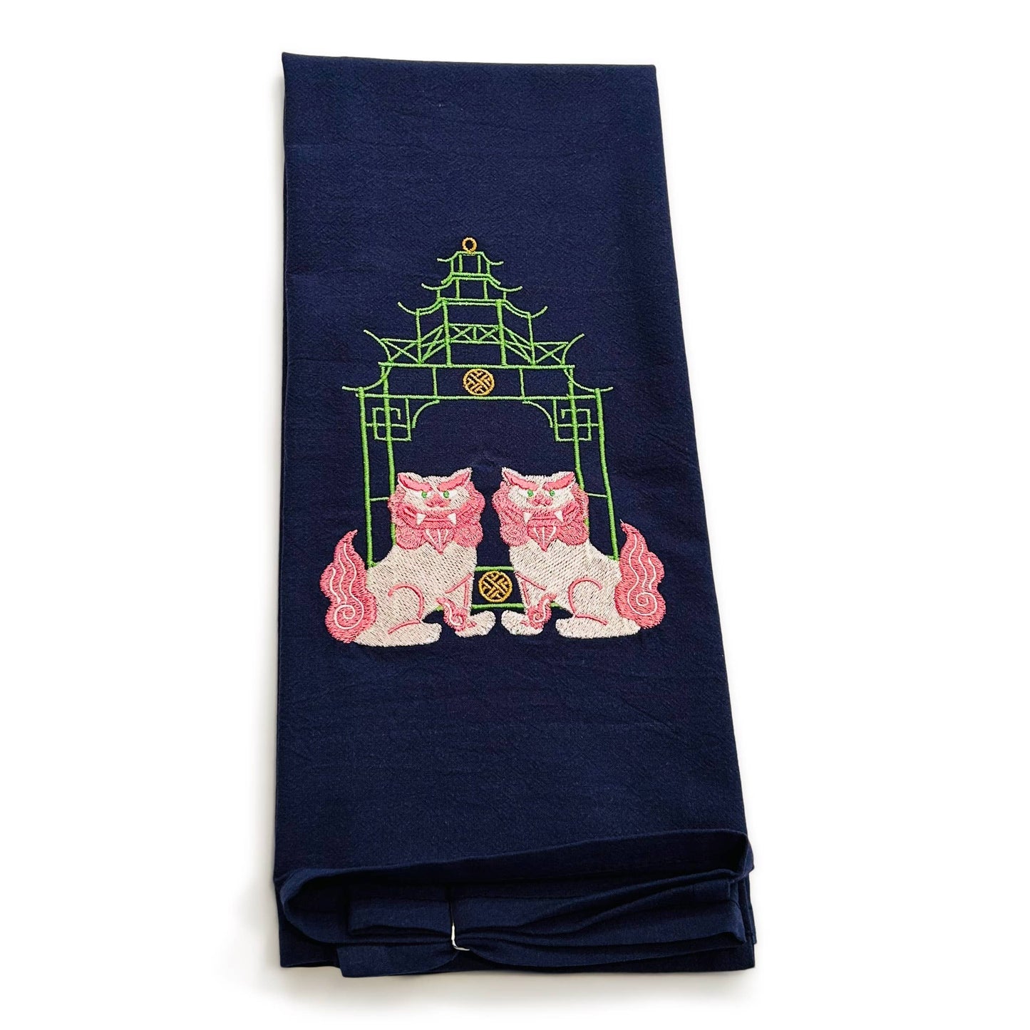 Towel - Pink Shisa Lions with Green Pagoda on navy