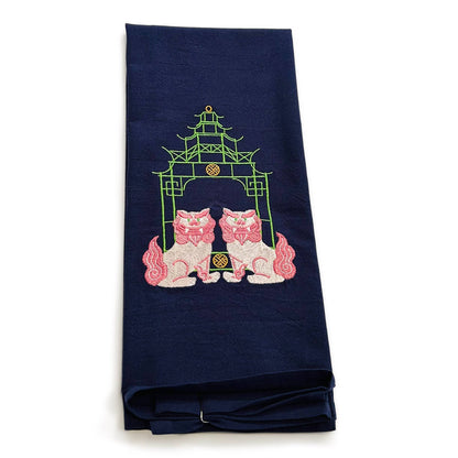 Towel - Pink Shisa Lions with Green Pagoda on navy