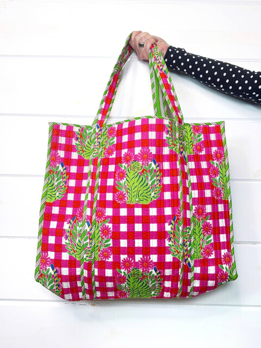Tote Bags Quilted | Large Travel Tote | Pink Checkered Tiger