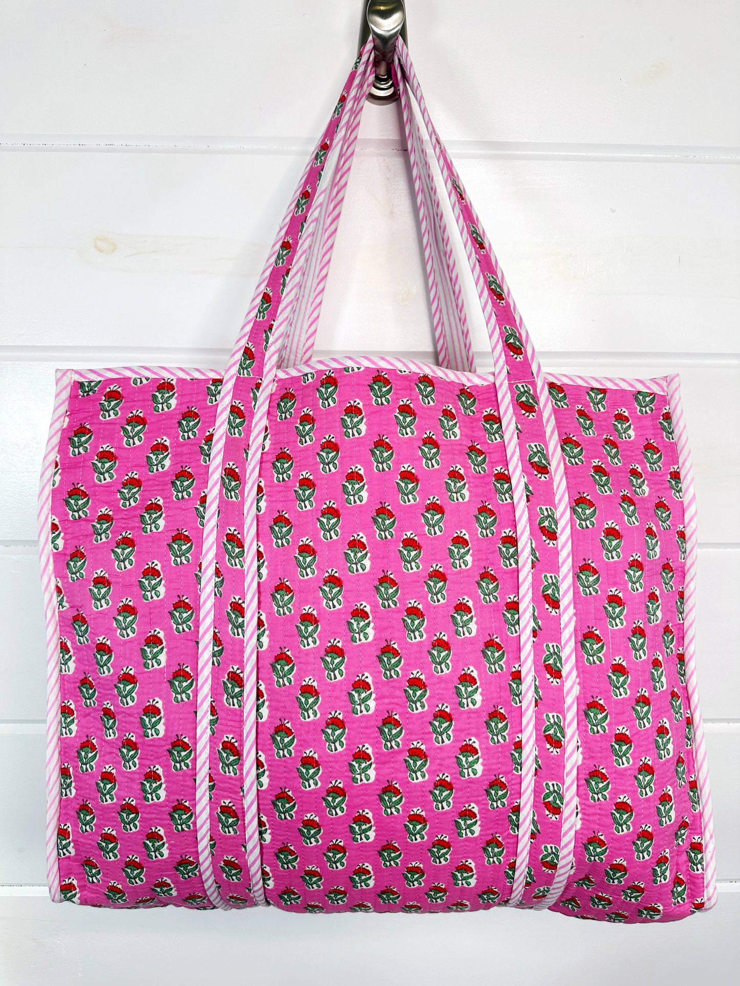 Quilted Tote Bag | Pink Floral Tote | Large Shopping Bag
