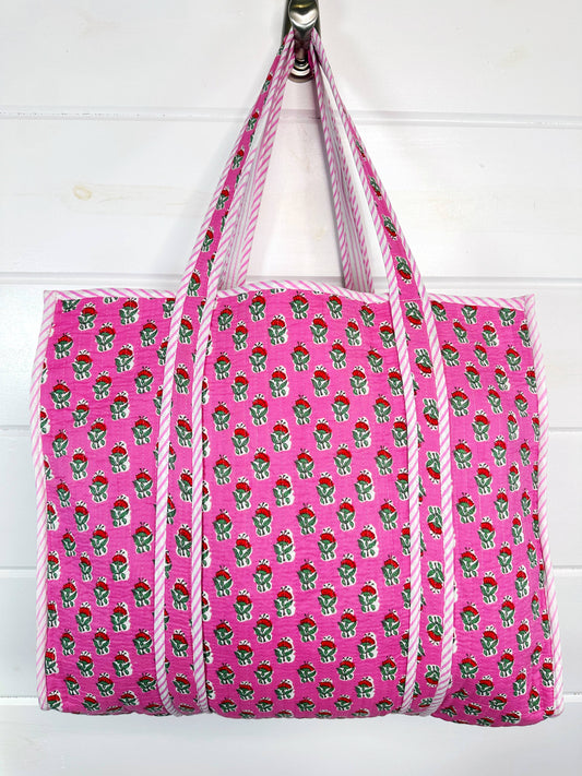 Quilted Tote Bag | Pink Floral Tote | Large Shopping Bag