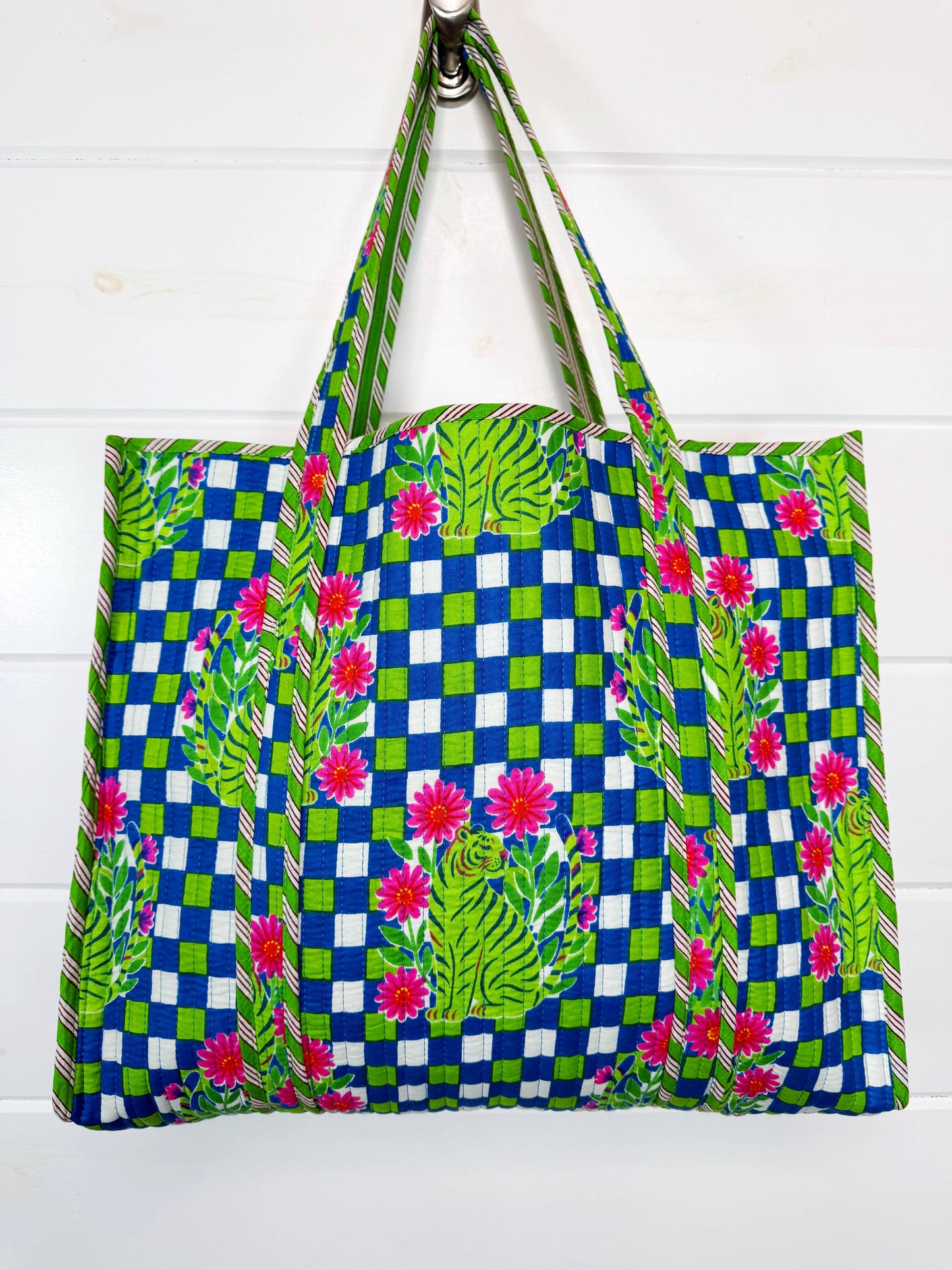 Tote Bags Quilted | Large Travel Tote | Blue Checkered Tiger
