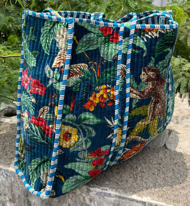 Monkey Printed Bag Velvet Quilted Handmade Indian Cotton Bag