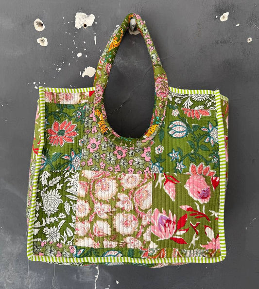 Block Printed Bag Patchwork Shopping Bag Quilted Cotton Bags