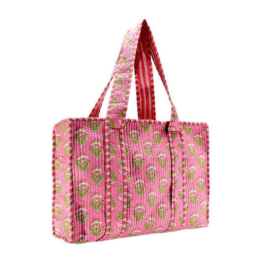 Cotton Block Print Tote Bag- Salmon