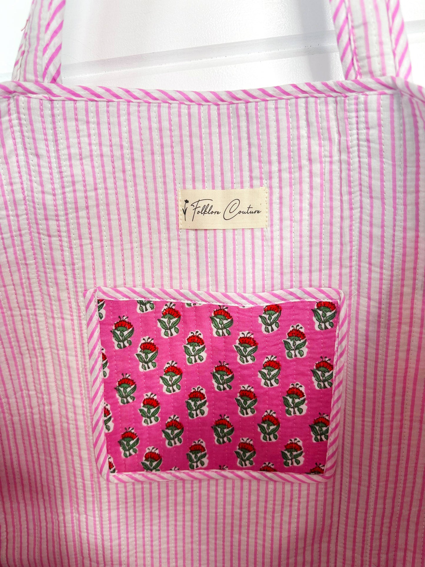 Quilted Tote Bag | Pink Floral Tote | Large Shopping Bag
