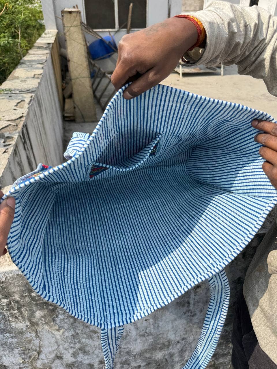 Blue Cotton Bag Women Shopping Bag Quilted Tote Bag Printed