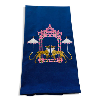 Towel - Cheetah with Umbrella by Pagoda Chinoiserie on navy
