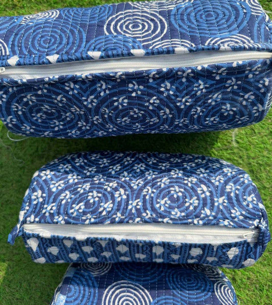 Blue Cotton Bag Floral Printed Bag Toiletry Bag Cosmetic Bag