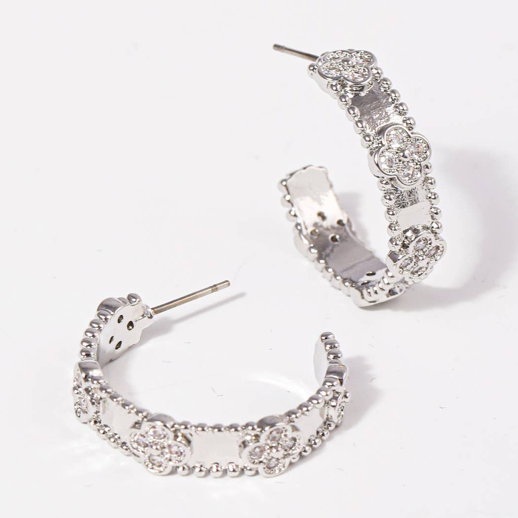 CZ Clover 14K Plated Hoop Post Earrings