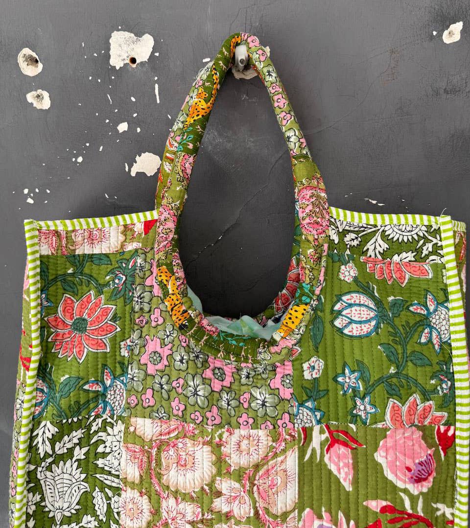 Block Printed Bag Patchwork Shopping Bag Quilted Cotton Bags