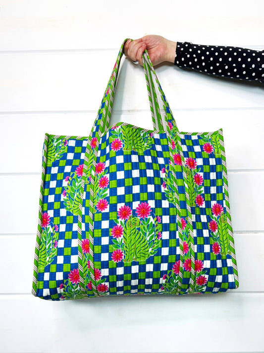 Tote Bags Quilted | Large Travel Tote | Blue Checkered Tiger