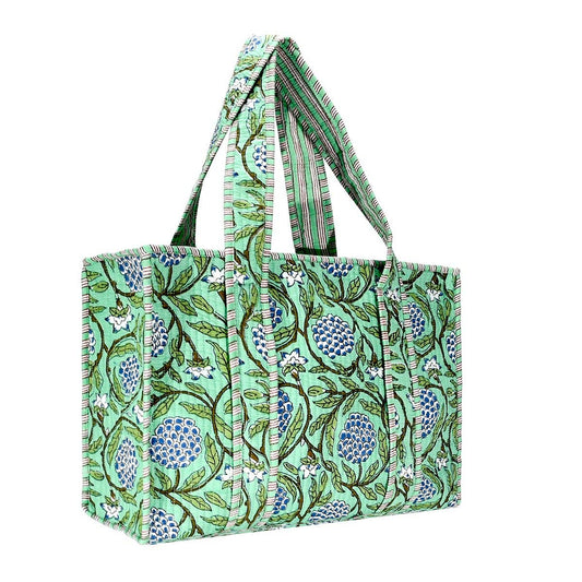 Cotton Block Print Tote Bag- Green