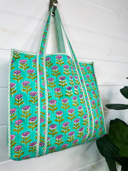 Aqua Floral Large Quilted Tote Bag – Handmade, Reversible