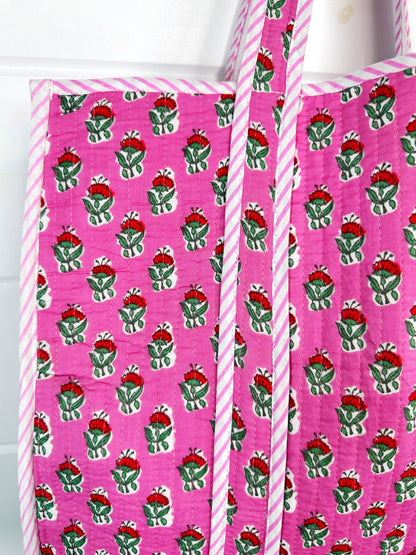 Quilted Tote Bag | Pink Floral Tote | Large Shopping Bag