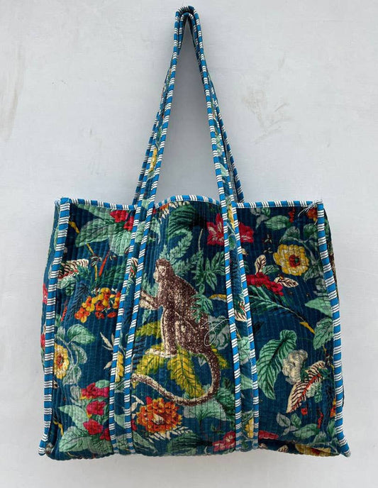 Monkey Printed Bag Velvet Quilted Handmade Indian Cotton Bag