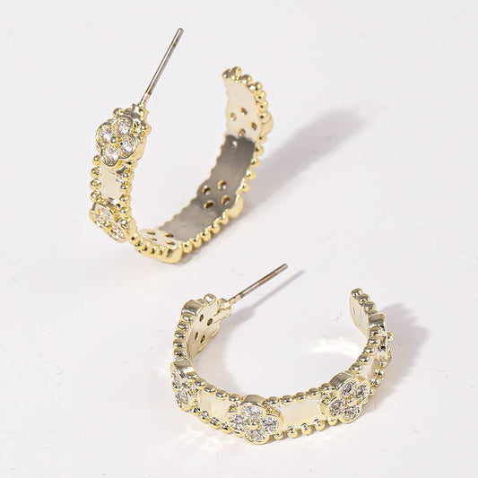 CZ Clover 14K Plated Hoop Post Earrings