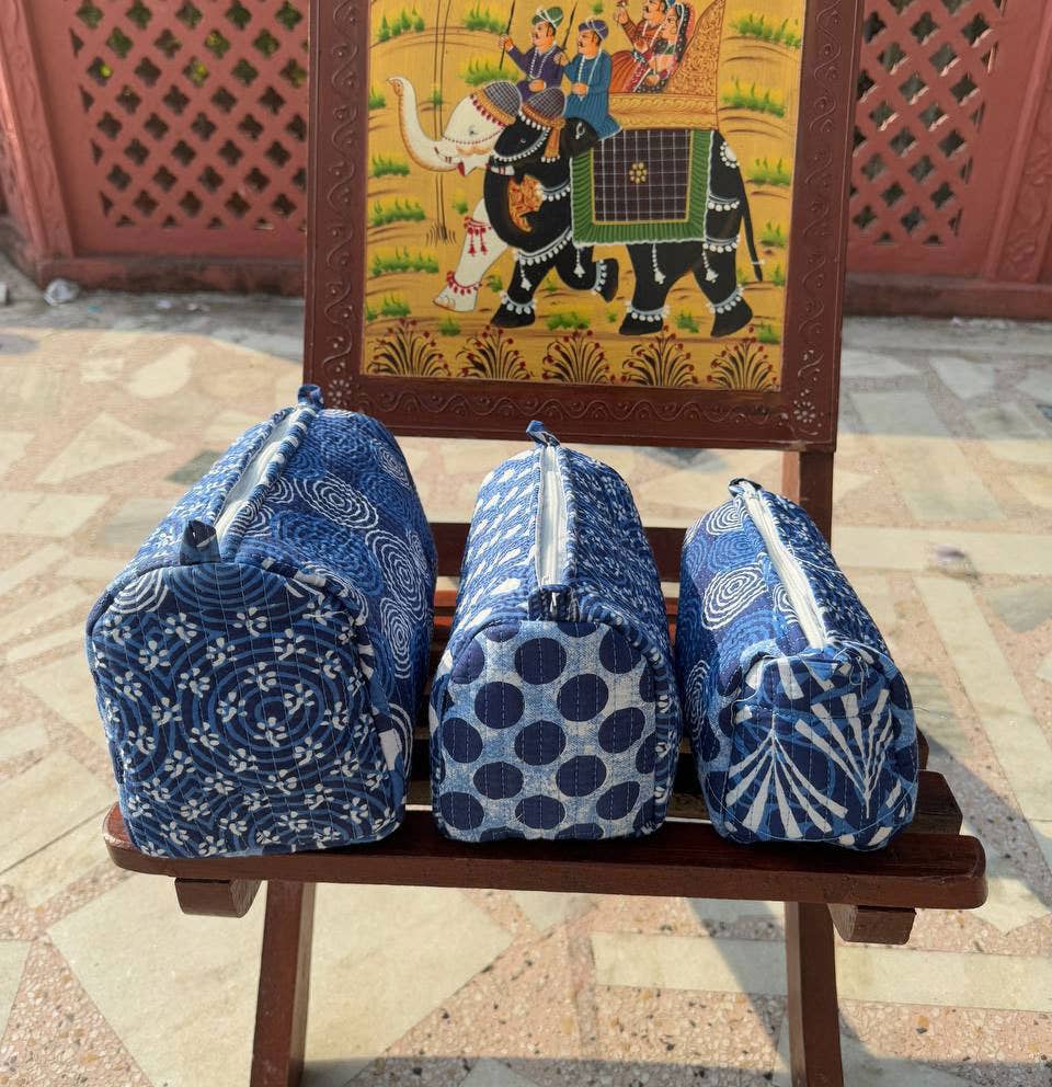 Blue Cotton Bag Floral Printed Bag Toiletry Bag Cosmetic Bag