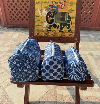 Blue Cotton Bag Floral Printed Bag Toiletry Bag Cosmetic Bag