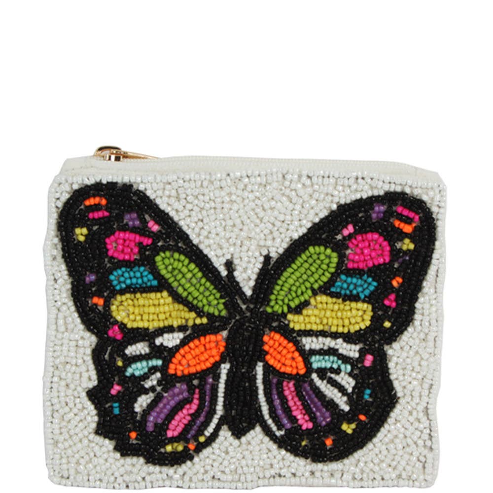WHITE RAINBOW BUTTERFLY THEME FULL SEED BEAD COIN, HD 00428